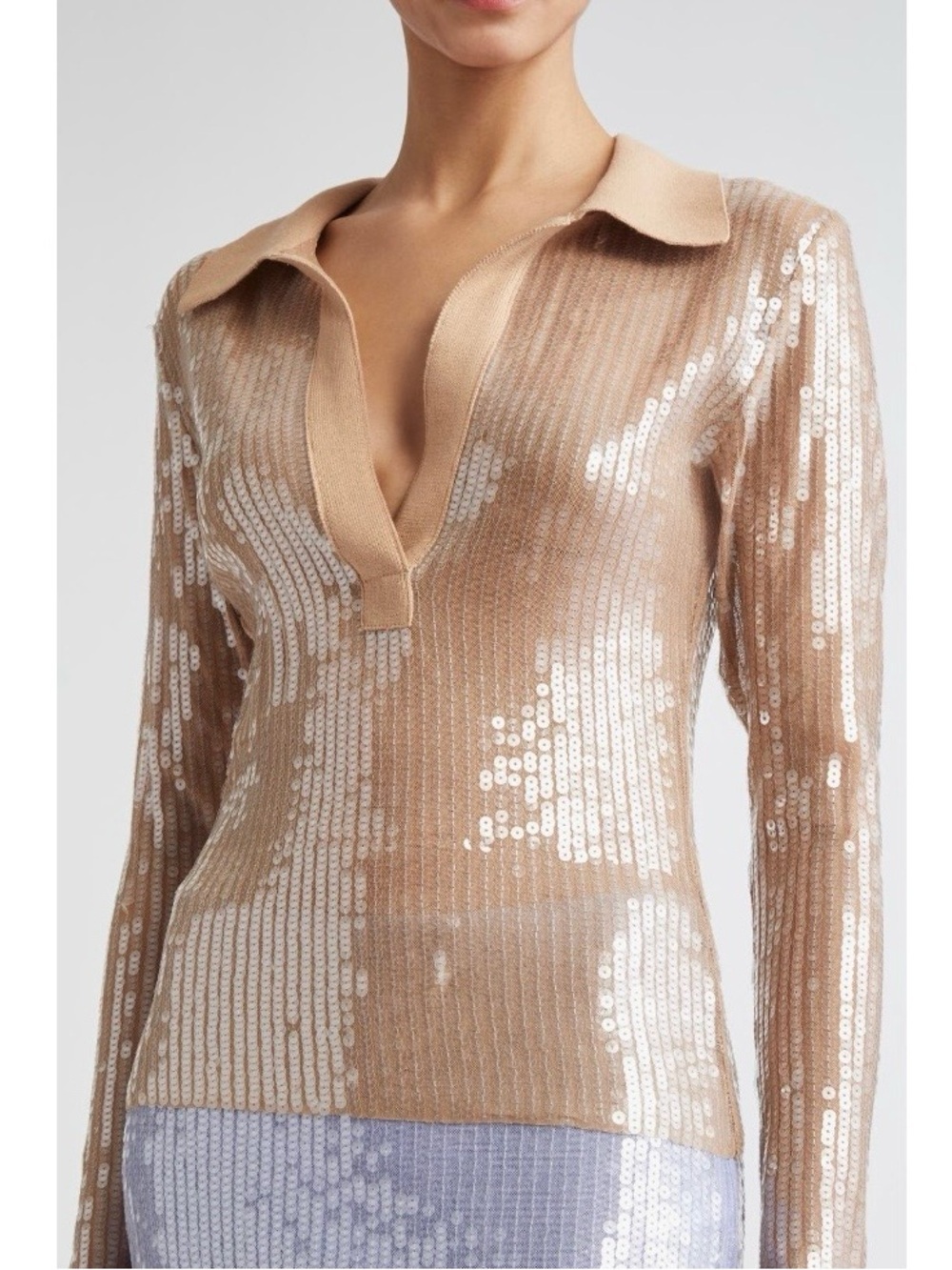 MONSE Mesh Sequin Top Long Sleeve Polo Nude Beige Women’s Size S - Picture 5 of 13